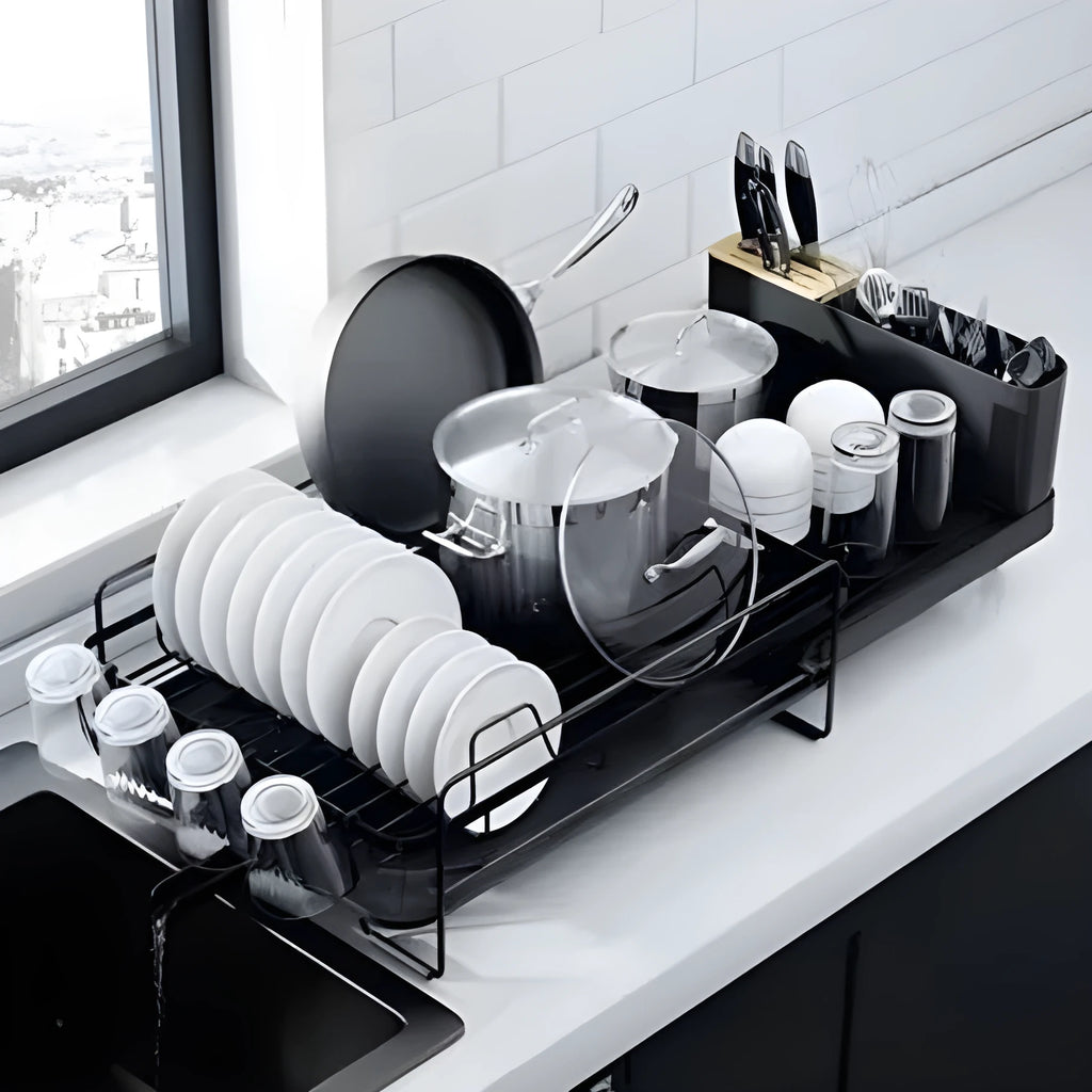 Retractable foldable carbon steel kitchen dish rack holding cutlery and cups