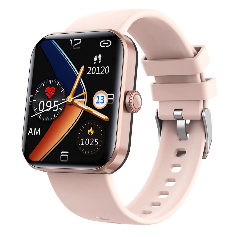 F57L sports watch with heart rate and blood pressure display on IPS touch screen, black silicone strap