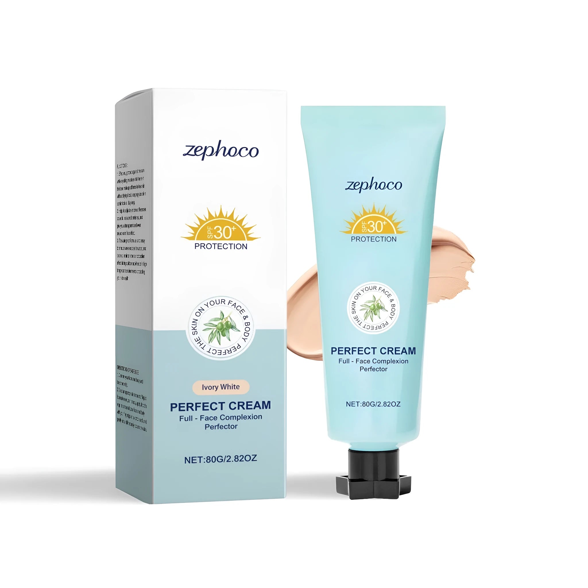 30ml bottle of Curdling Sunscreen Liquid Foundation in a box showing shade options: Dark Skin, Ivory White, Natural Color.