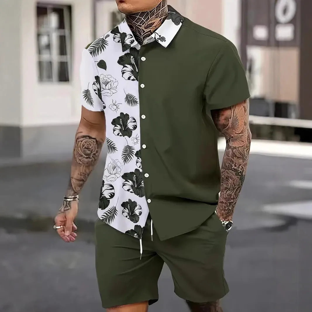 Men's 3D printed Hawaiian style short sleeve top and matching shorts summer suit