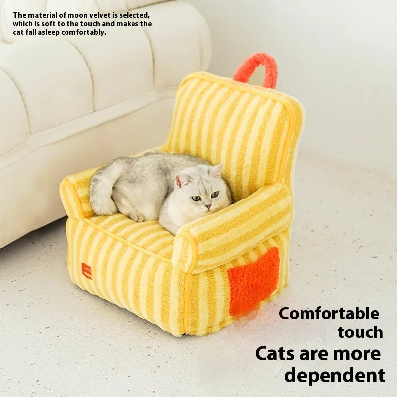 Striped soft velvet dog bed with removable cover in orange, purple, and yellow colour options.