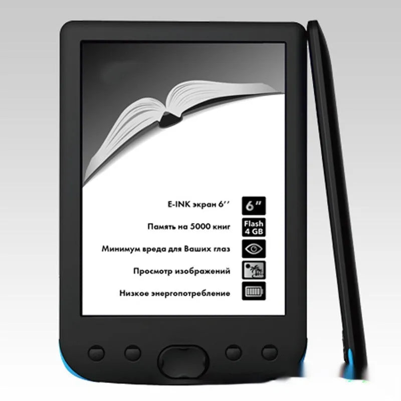 Black 6-inch e-ink e-book reader showing its screen and compact design.