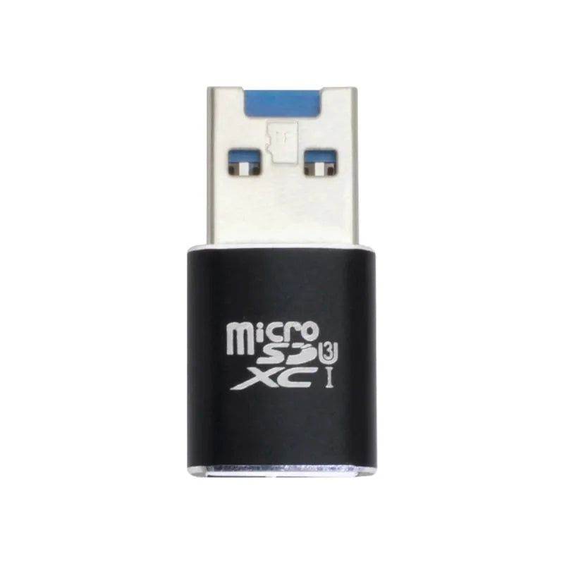 Black USB 3.0 card reader for Micro SD and T-Flash memory cards on a white background.