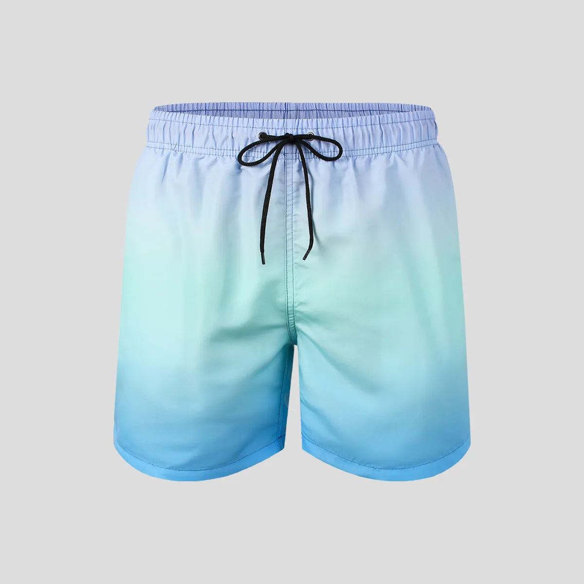 Men's grey gradient 3D digital print mesh sports shorts on a white background.