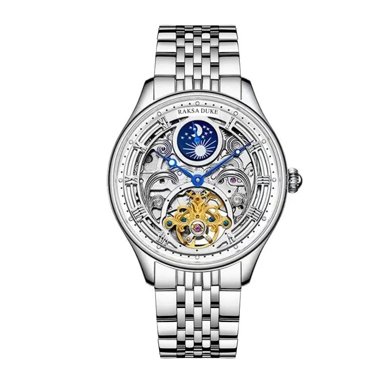 Men's waterproof business watch with stainless steel strap showing white dial and 16mm thickness case