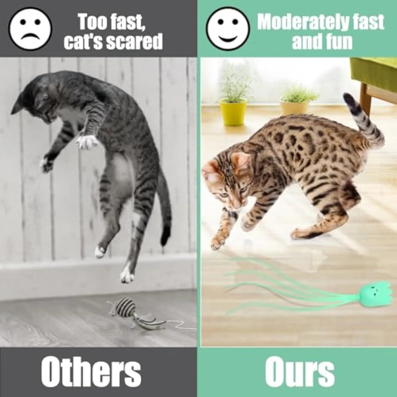 Green automatic electronic cat wand toy with swinging silicone tails on white background