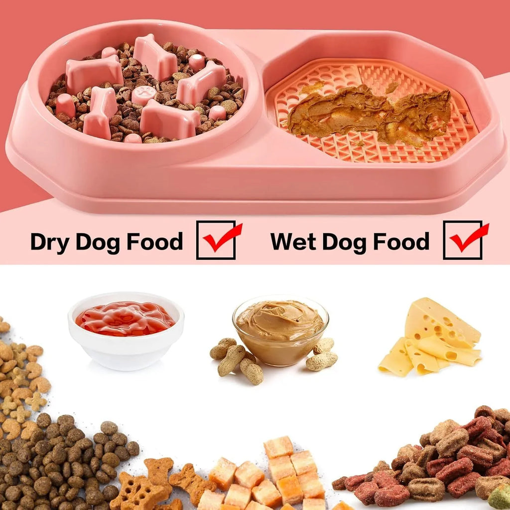 Blue slow feeder puzzle dog bowl with non-slip base for anti-gulping feeding.