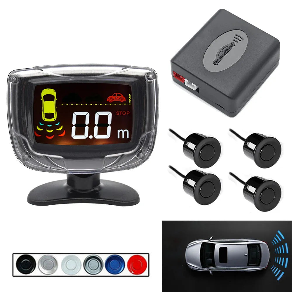Wireless reversing sensor kit showing main unit, four round probes, LED display, hole opener, and cables on a white background.