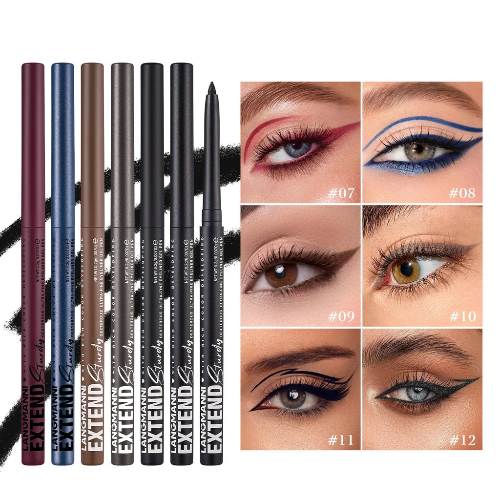Set of 12 colourful gel glitter eyeliner pencils in vibrant shades for waterproof makeup