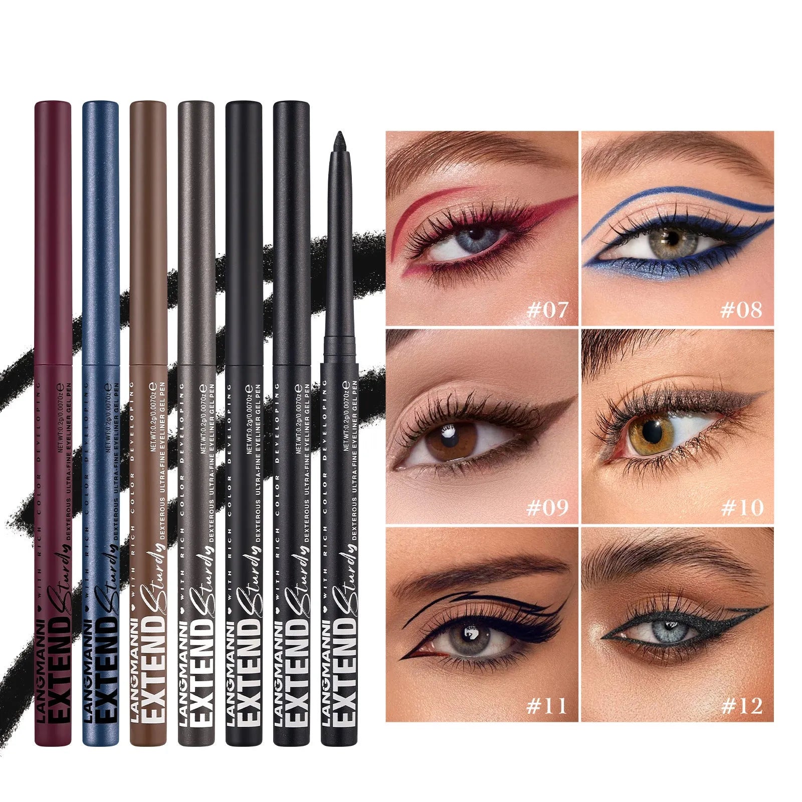 Set of 12 colourful gel glitter eyeliner pencils in vibrant shades for waterproof makeup