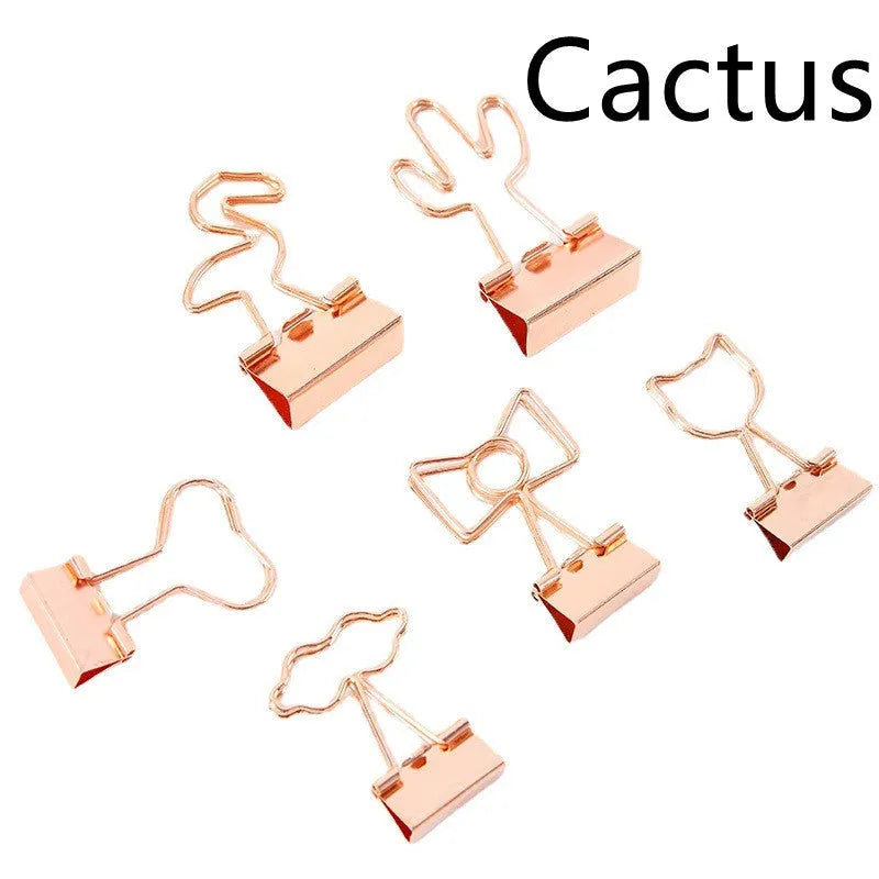 Gold plated metal office clip with decorative long tail design showing flamingo, love, clouds, cat, and cactus motif options