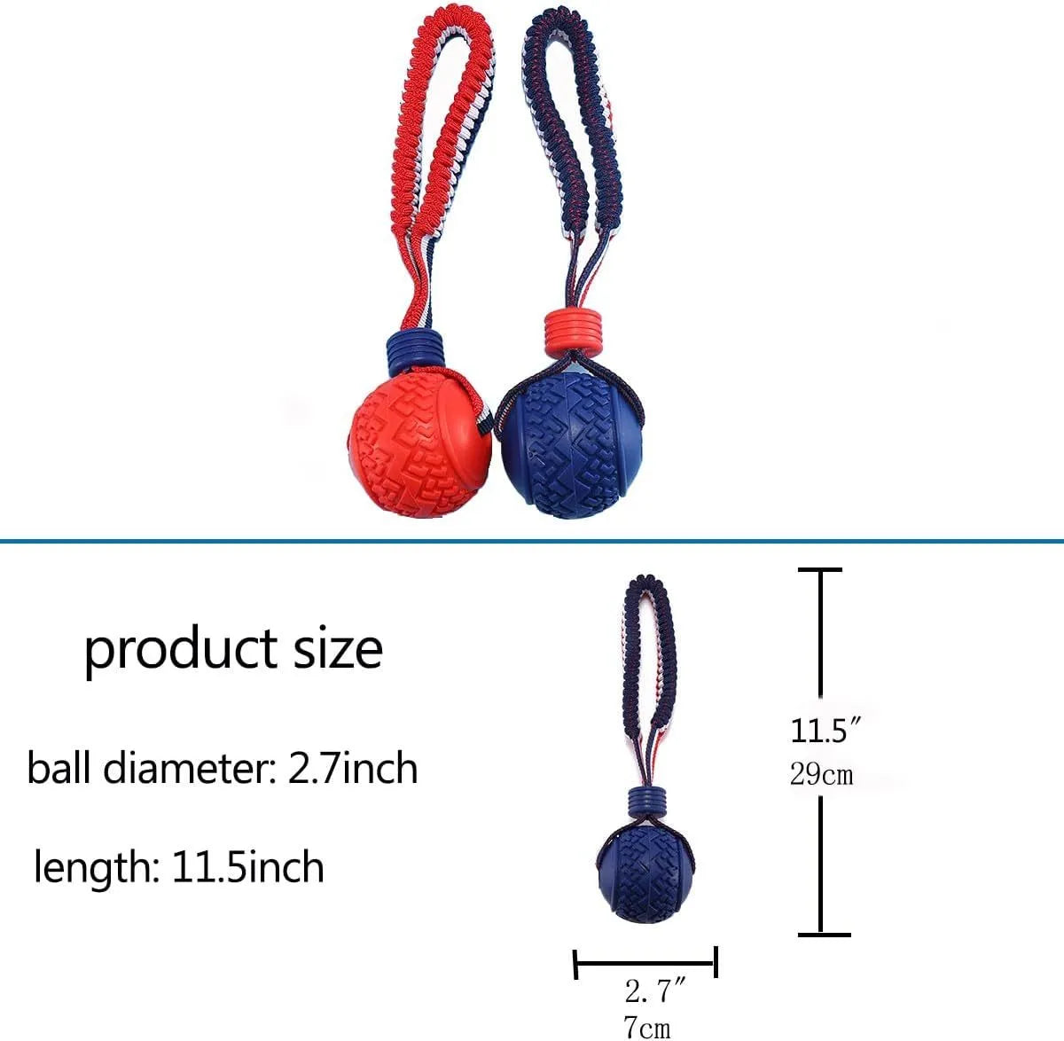 Blue and red durable rubber dog ball with rope attachment toy for medium and small dogs