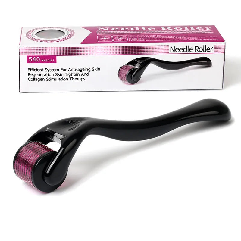 Black and purple derma rollers with titanium microneedles for face, beard, hair and scalp care