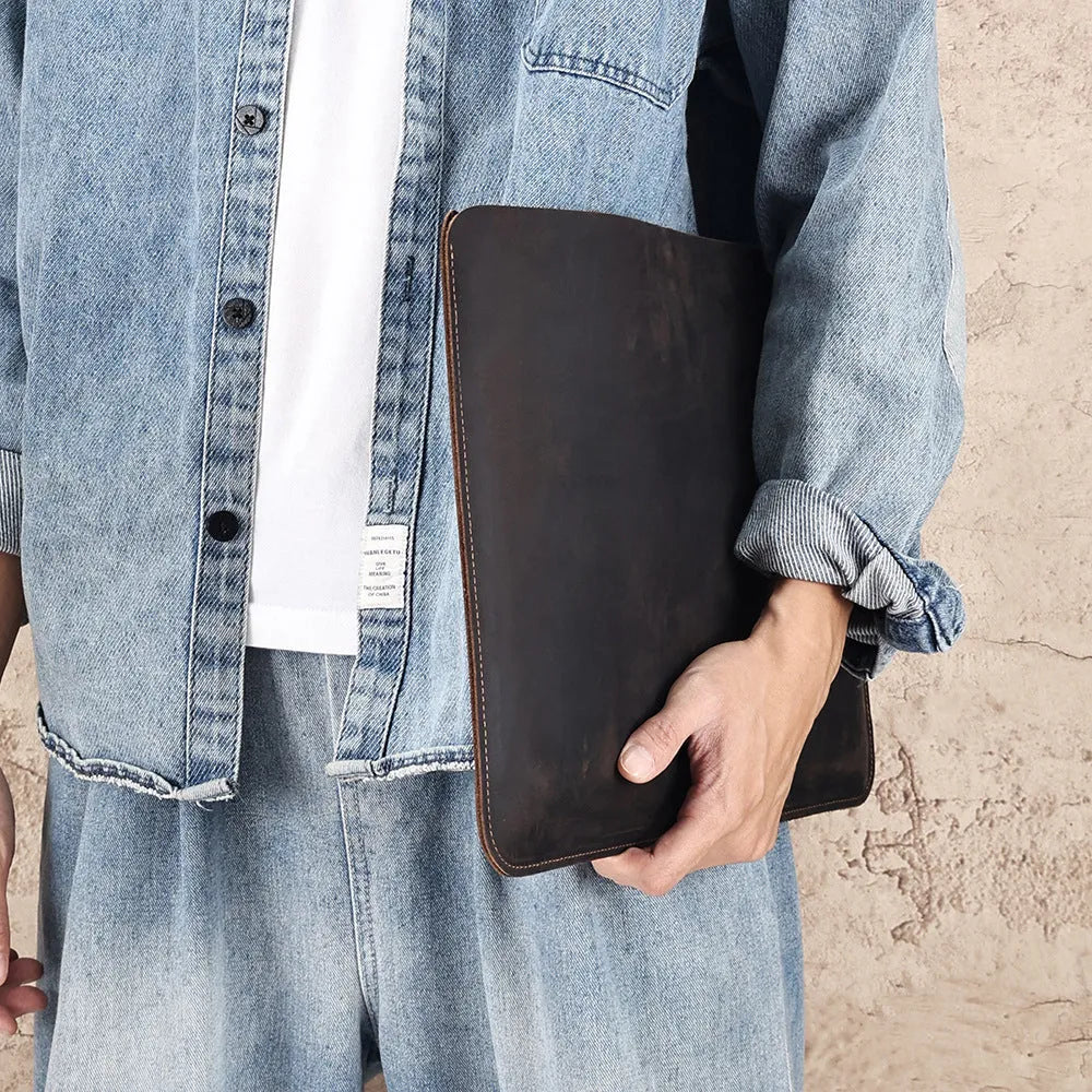 Brown crazy horse leather horizontal computer liner bag with cowhide lining
