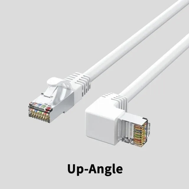 Cat6 Ethernet cable with right-angled metal RJ45 connectors in various colours including black, white, orange, and yellow.