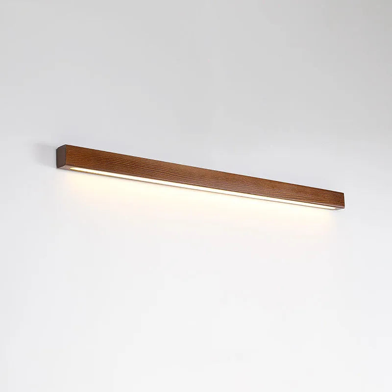 Walnut colour wood log strip wall lamp with minimalist design in three length options