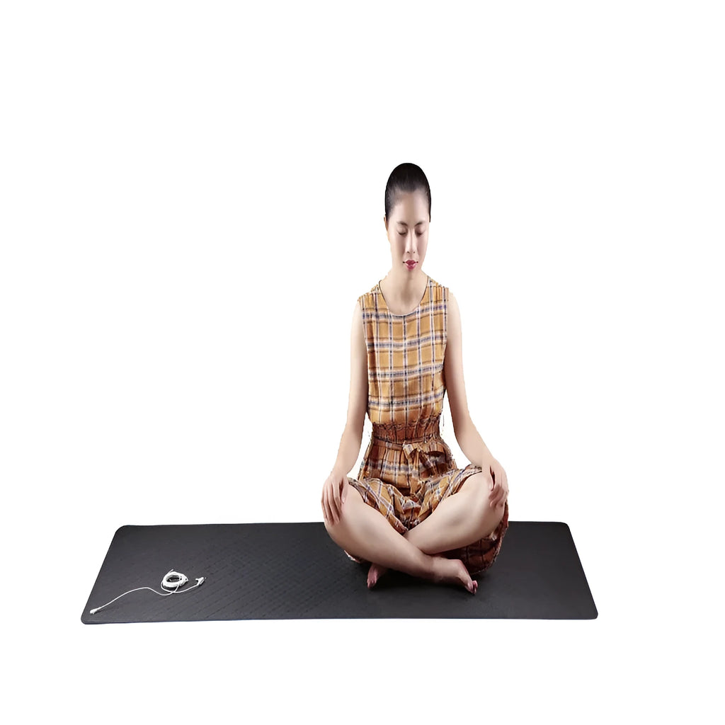 Blue conductive yoga mat with botanical plant pattern, grounding wire, and non-slip surface measuring 182x61cm