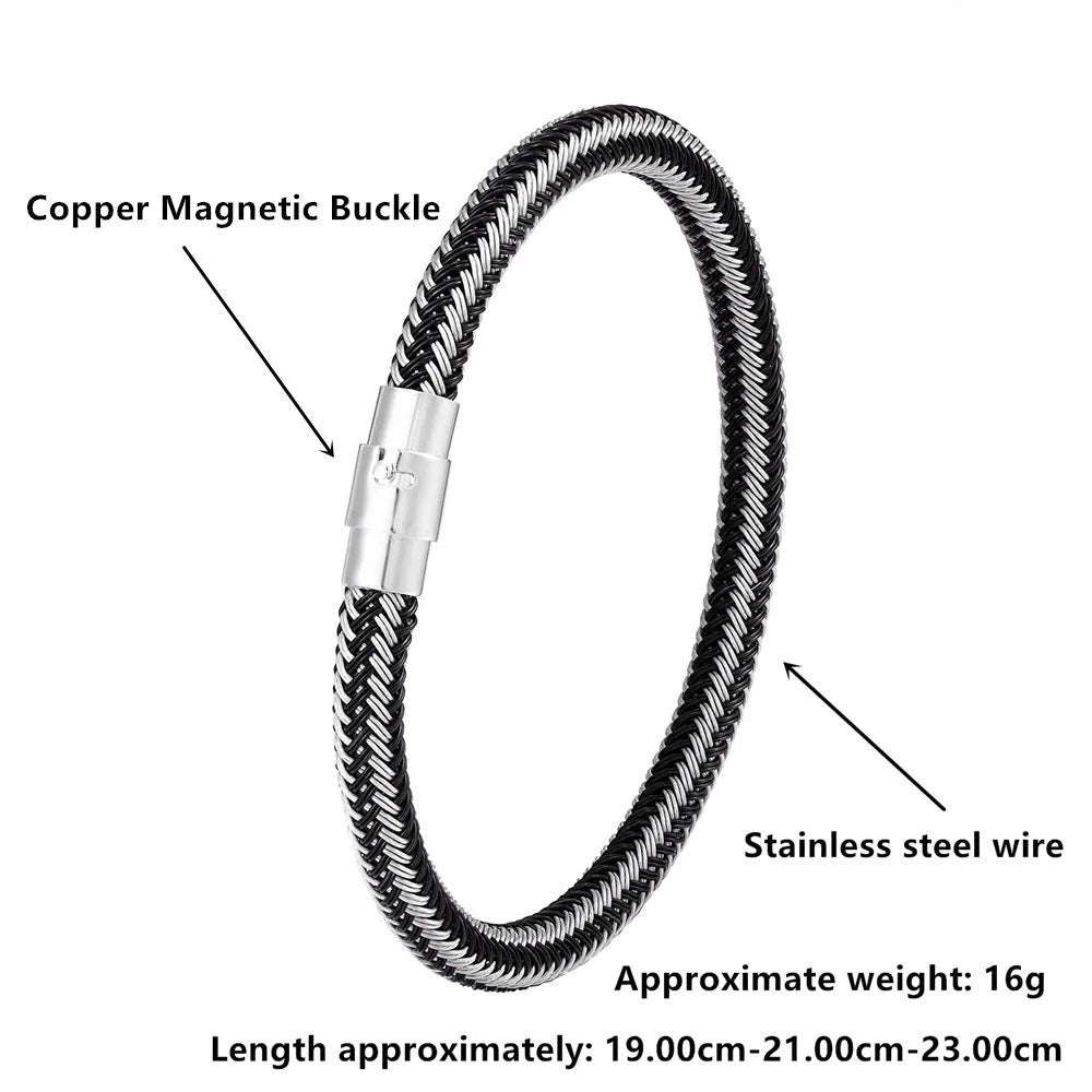 Titanium steel geometric wire bracelet with a magnetic clasp shown in multiple colour options.