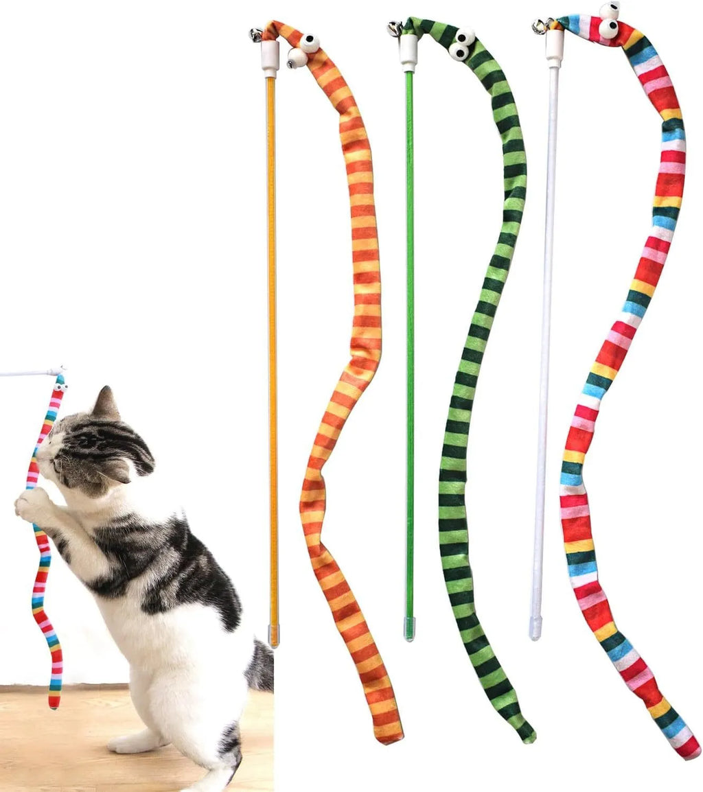 Colourful cat teaser wand with long plush strip and bell on a polycarbonate handle.
