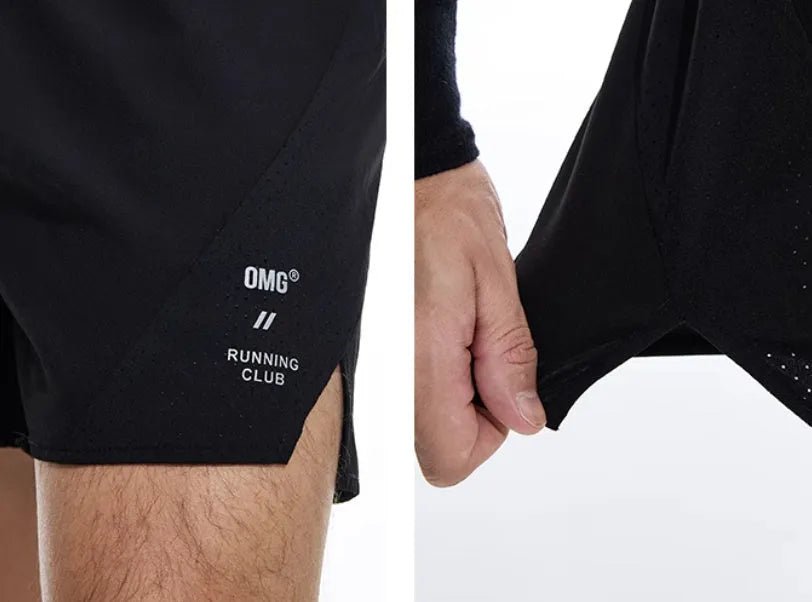 Black running shorts with laser-stitched seams and four-sided stretch fabric for training.
