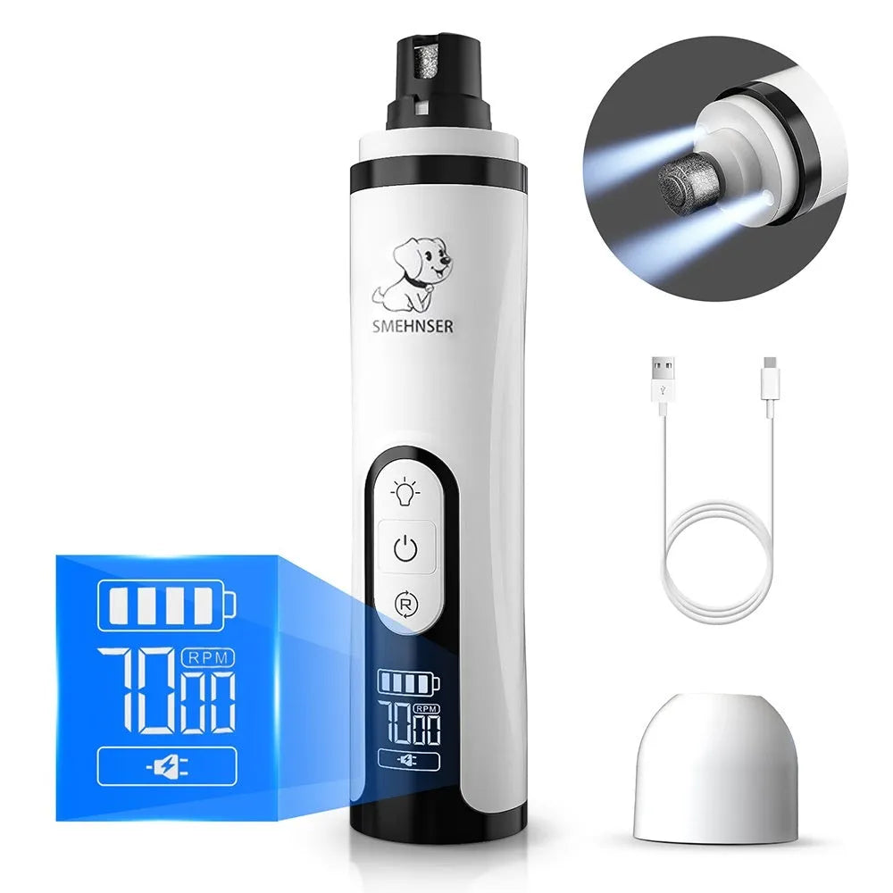 Electric dog nail grinder with LCD screen showing speed settings, UK plug, and dust collection port.