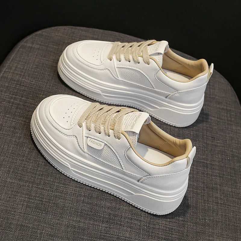 Black low-top platform thick sole casual shoes with two-layer cowhide upper, round toe, and front lace-up closure