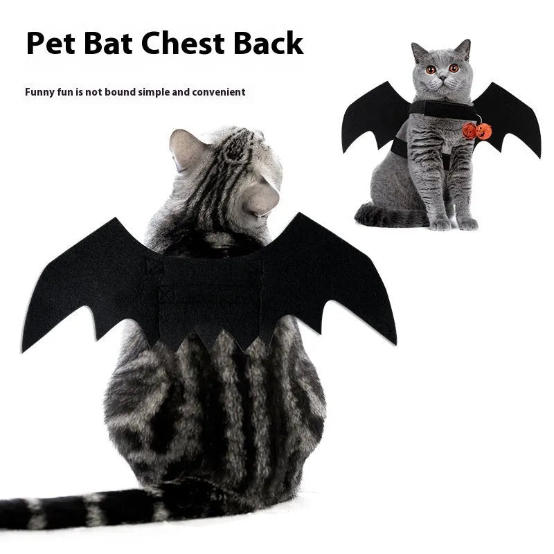 Halloween pet costume set with black wings and bell accessory in felt polyester construction