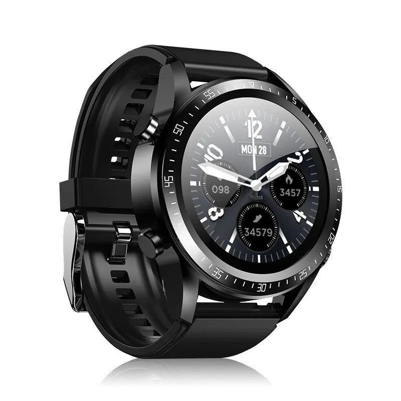 Black smartwatch with blood pressure monitoring on a silicone strap, showing a 1.28-inch display.