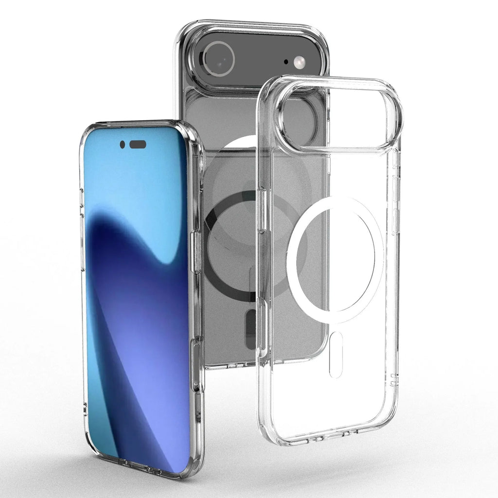Transparent magnetic phone case for iPhone 17 series models on a table.