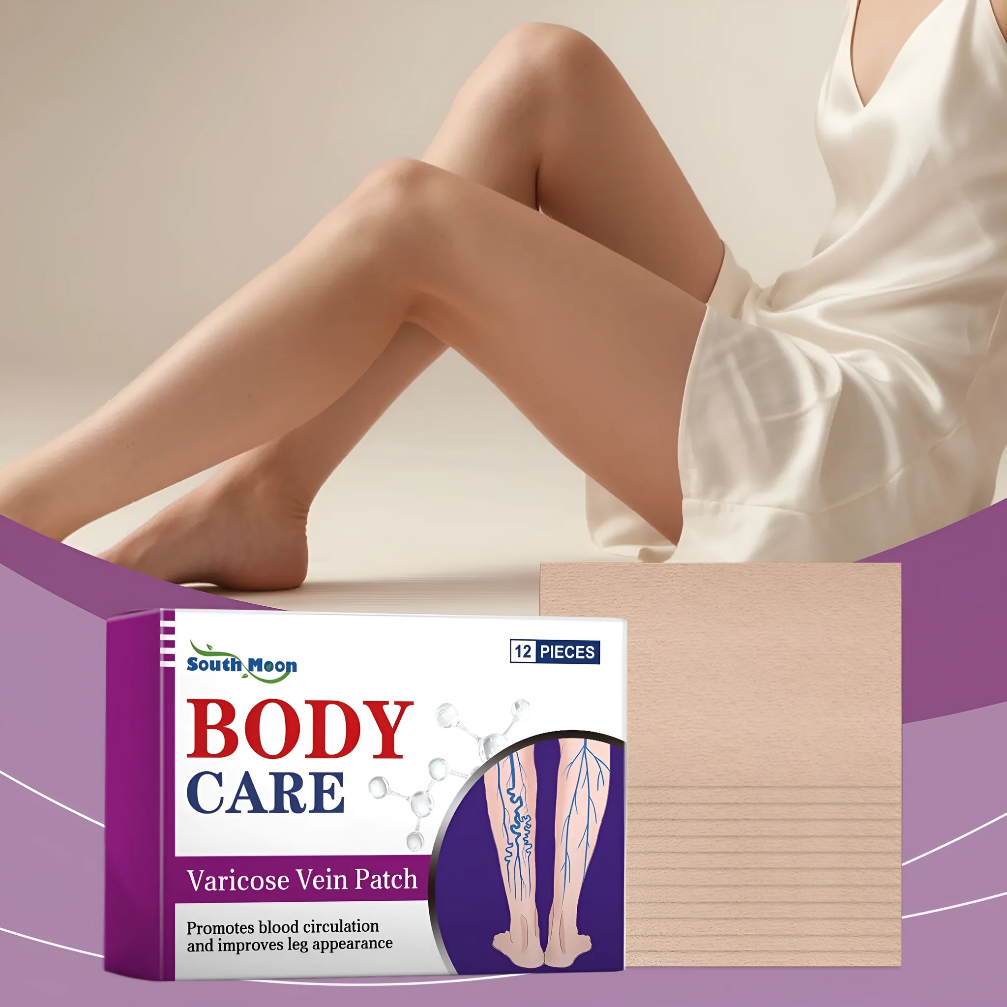 Box of 12 single-use leg care patches with plant-based ingredients for leg and foot application.