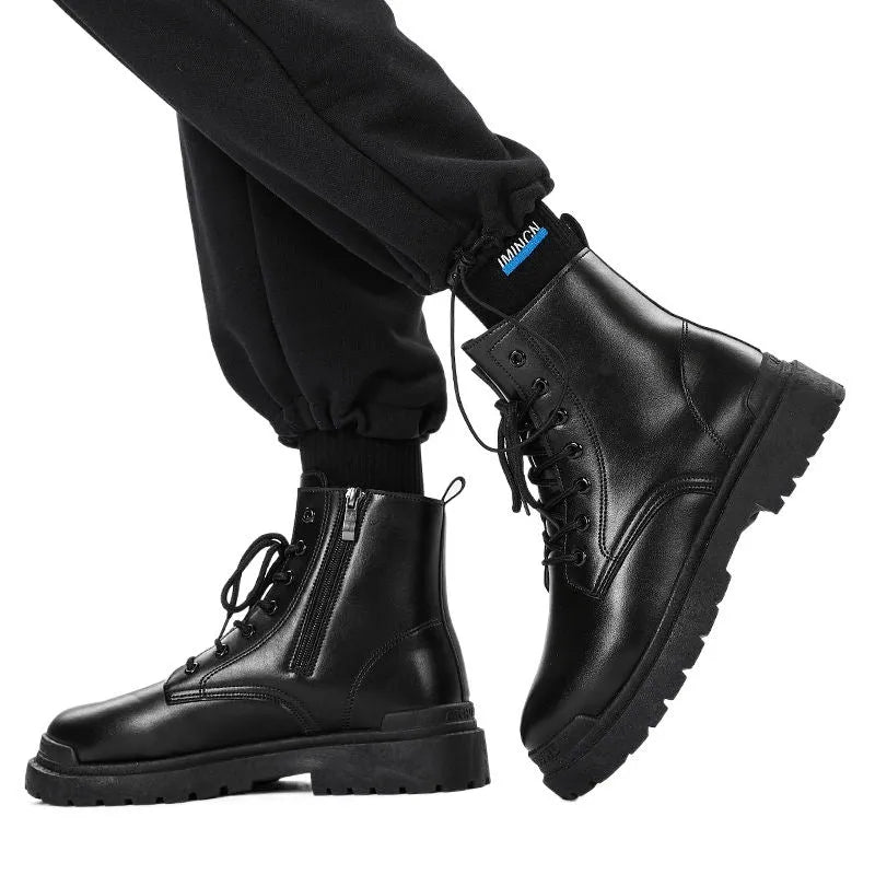 Men's black mid-top British style leather boots with a flat rubber sole.