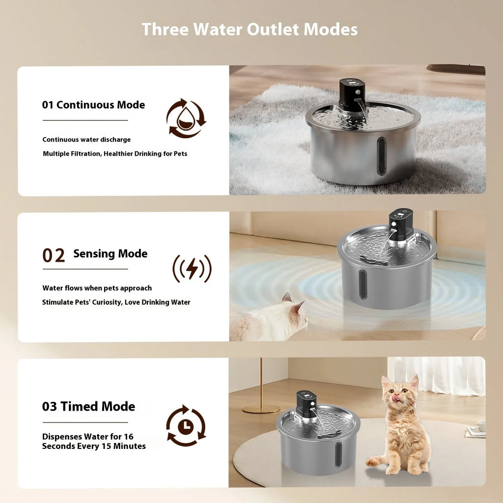 Stainless steel heated pet water fountain with charging cable on a white base.