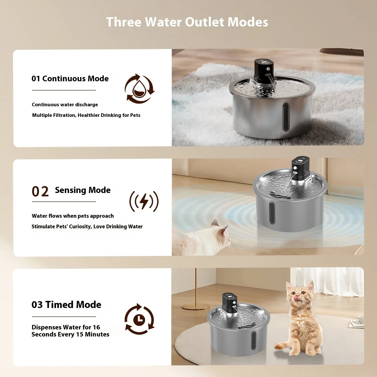 Stainless steel heated pet water fountain with charging cable on a white base.