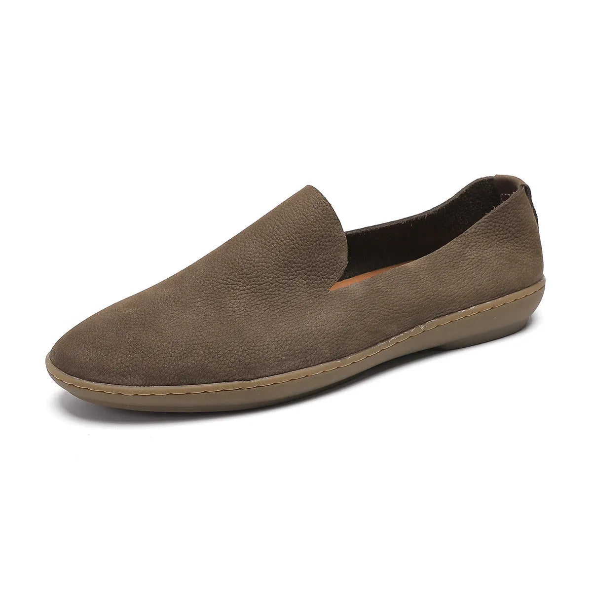 Handmade men's low-top shoes in khaki cowhide with a flat wedge heel and rubber sole.