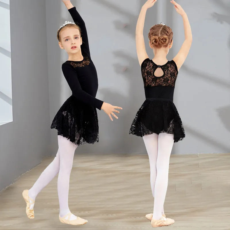 Girls short-sleeve ballet practice dress in Lycra cotton with lace and mesh trim, princess style, available in black