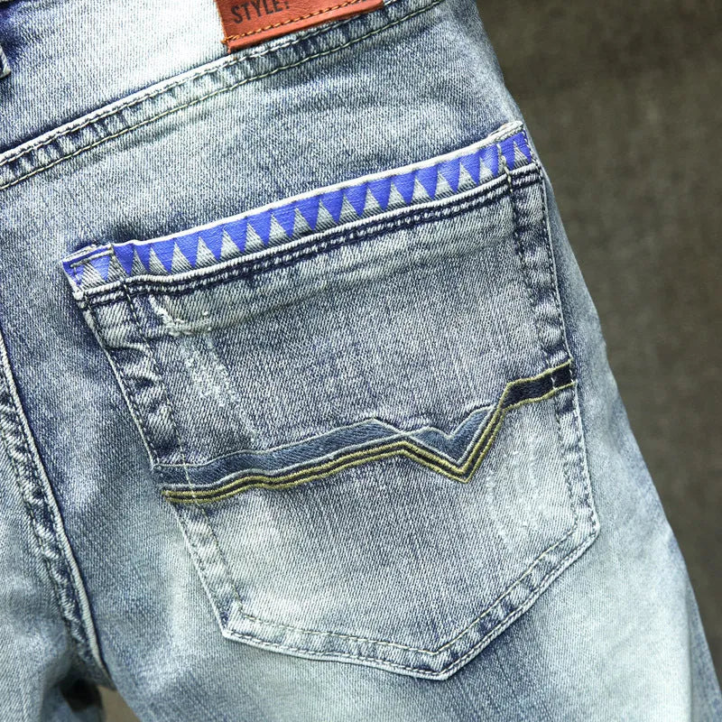 Men's light blue cotton ripped straight-leg jeans with a casual leisure style