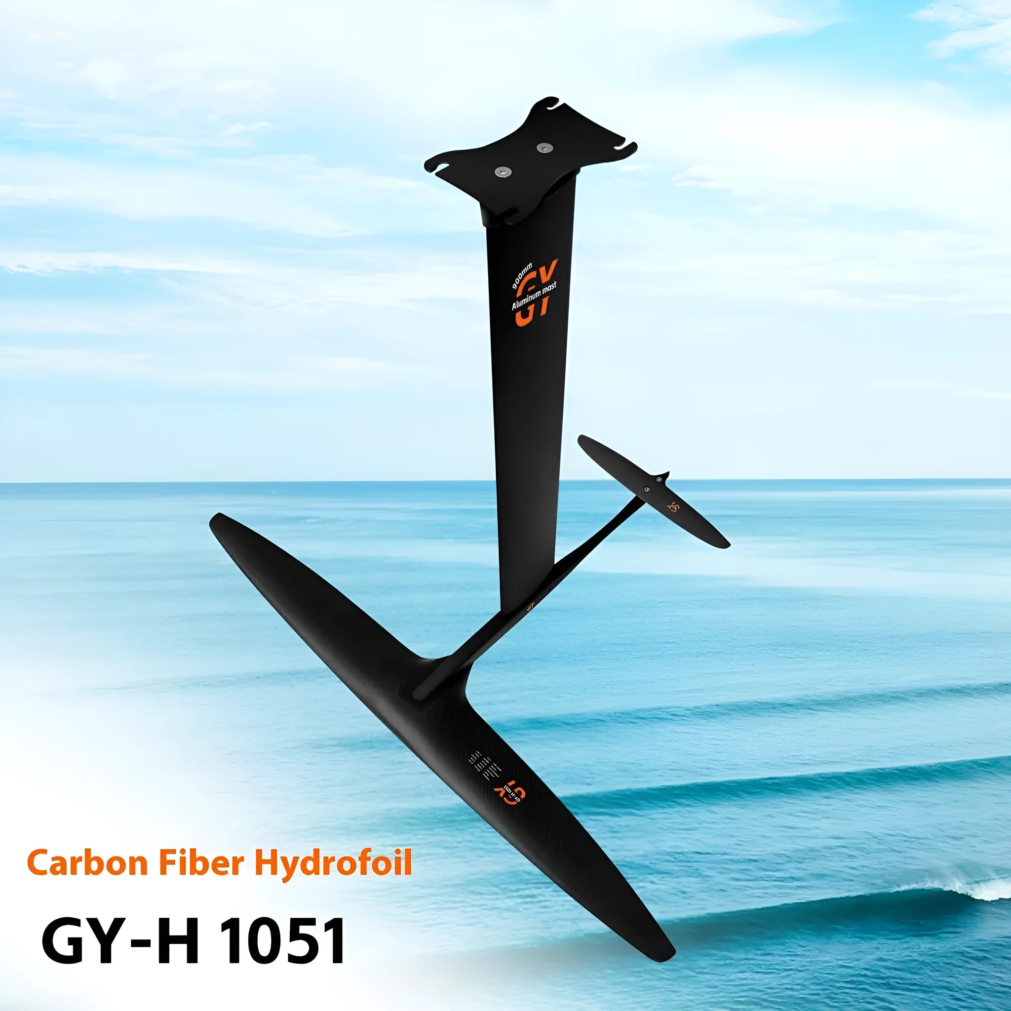 Black carbon fibre racing hydrofoil with 1051mm front wing for unpowered surfing