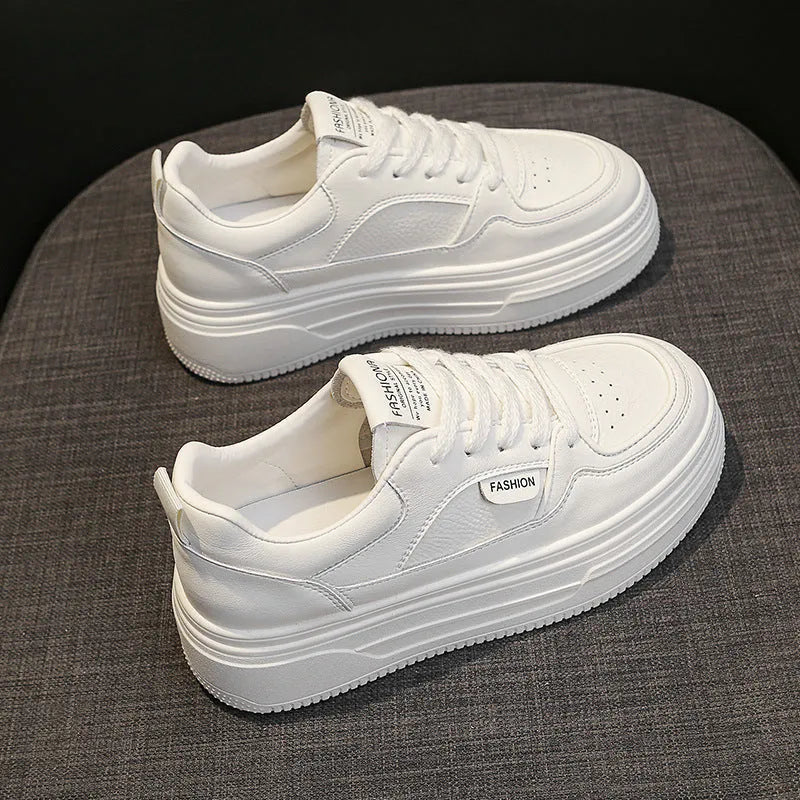 Black low-top platform thick sole casual shoes with two-layer cowhide upper, round toe, and front lace-up closure