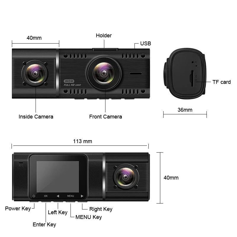 Standard black 1080p dual recording dash cam with a 1.5-inch screen on a car windscreen.