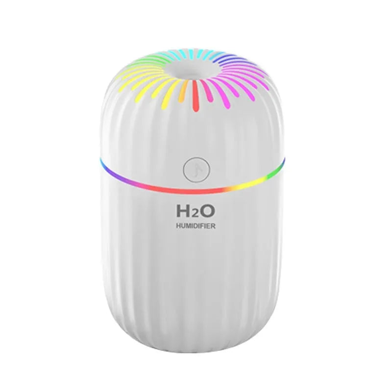 Small white USB personal humidifier with water tank on a wooden desk.