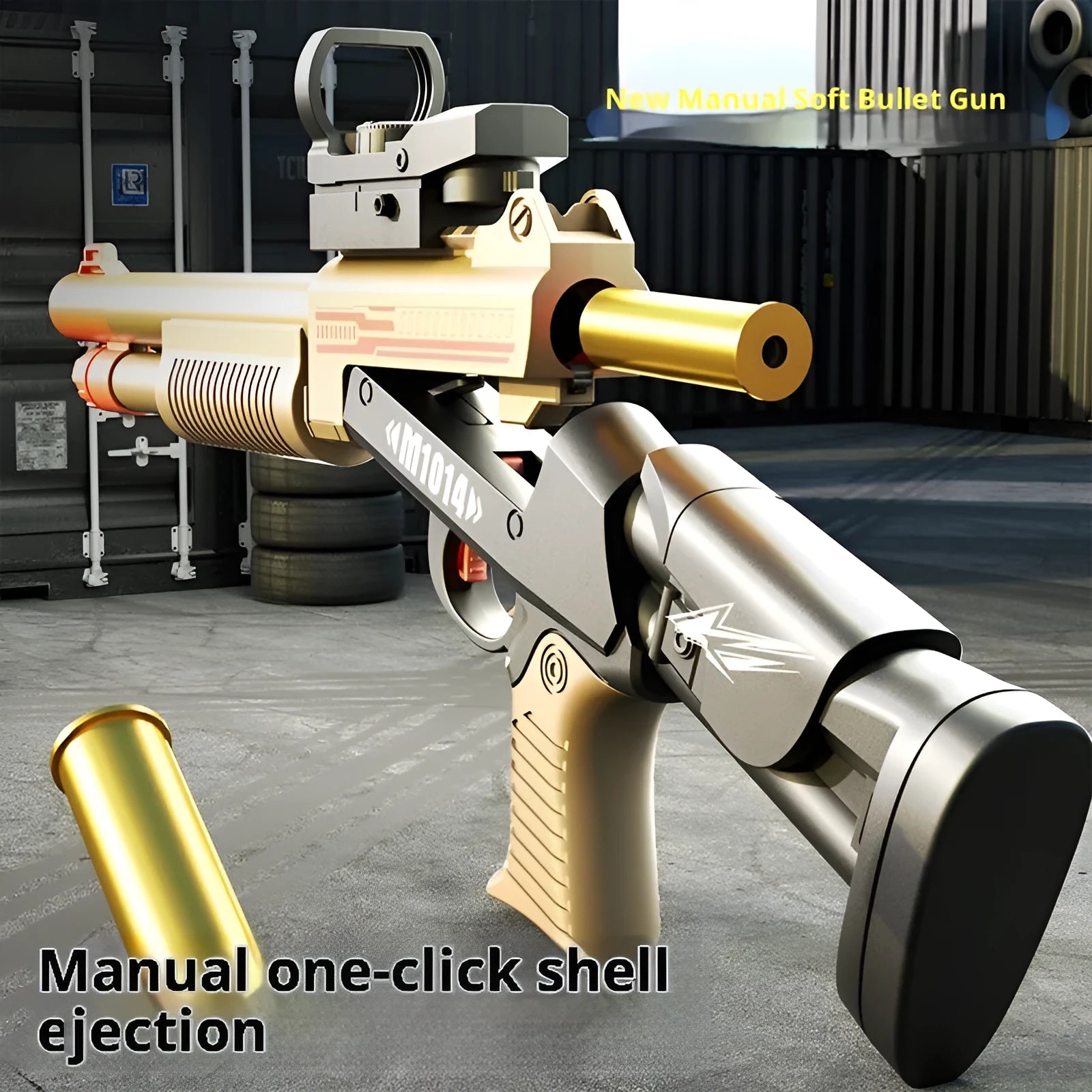 Folding throw shell XM1014 soft bullet toy gun in sand colour with manual launch mechanism, ABS material