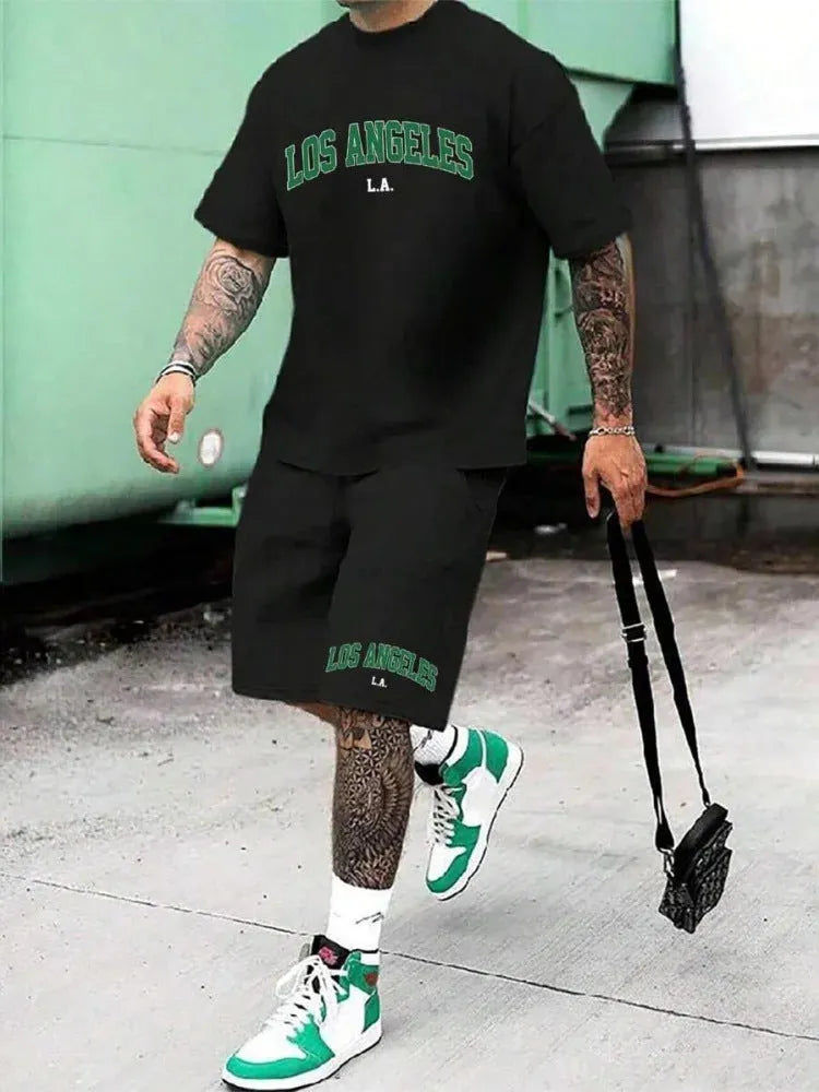 Men's 3D printed letter pattern sportswear two-piece set with short sleeves and shorts