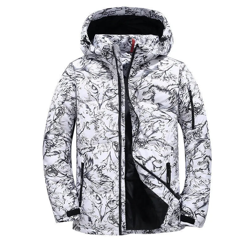 Men's thickened down jacket in black, white duck down filling, loose fit, lapel collar, zipper front