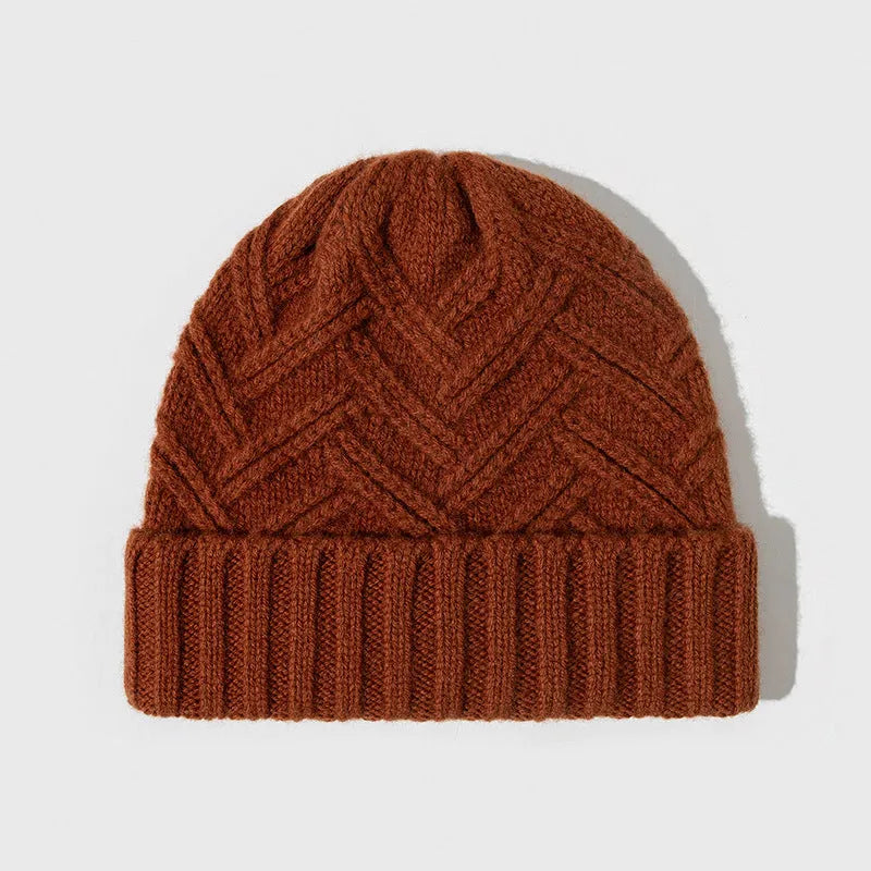 Wool knitted dome crown winter hat for women in six colour options showing totem detailing