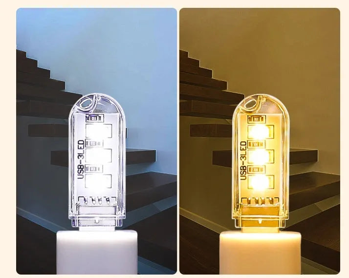 Small round USB baby night light showing warm and white light colour options