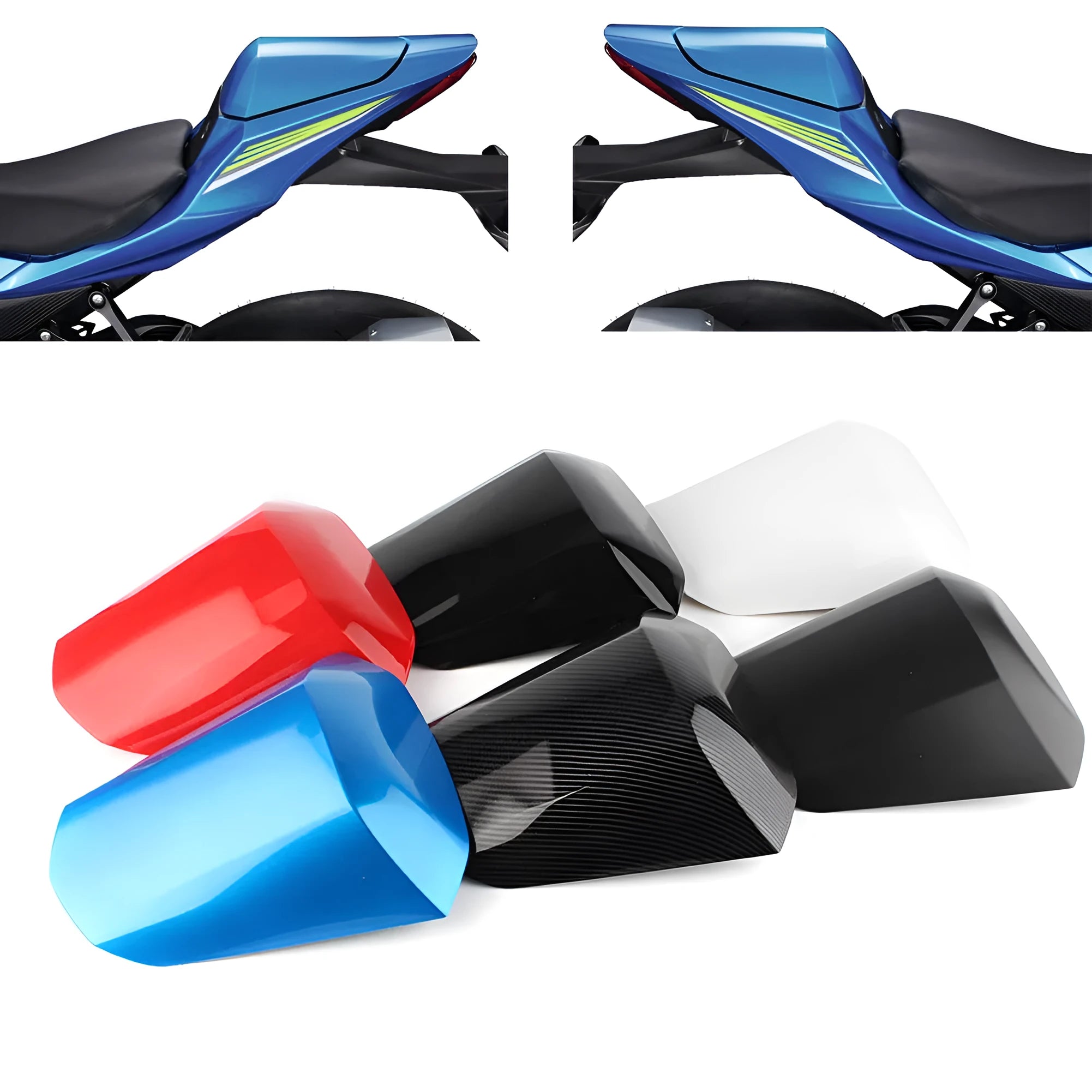 Suzuki GSXR1000 motorcycle rear cowl seat cover in ABS plastic, shown in available colours.