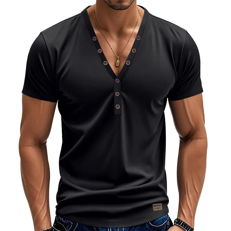 Men's loose V-neck pullover top with button details in light blue colour