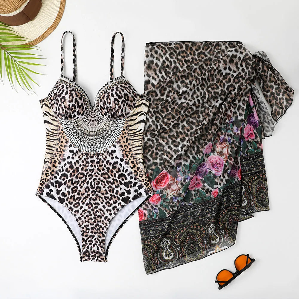 Women's leopard print one-piece swimsuit with matching mesh long dress cover-up