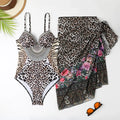 Women's leopard print one-piece swimsuit with matching mesh long dress cover-up