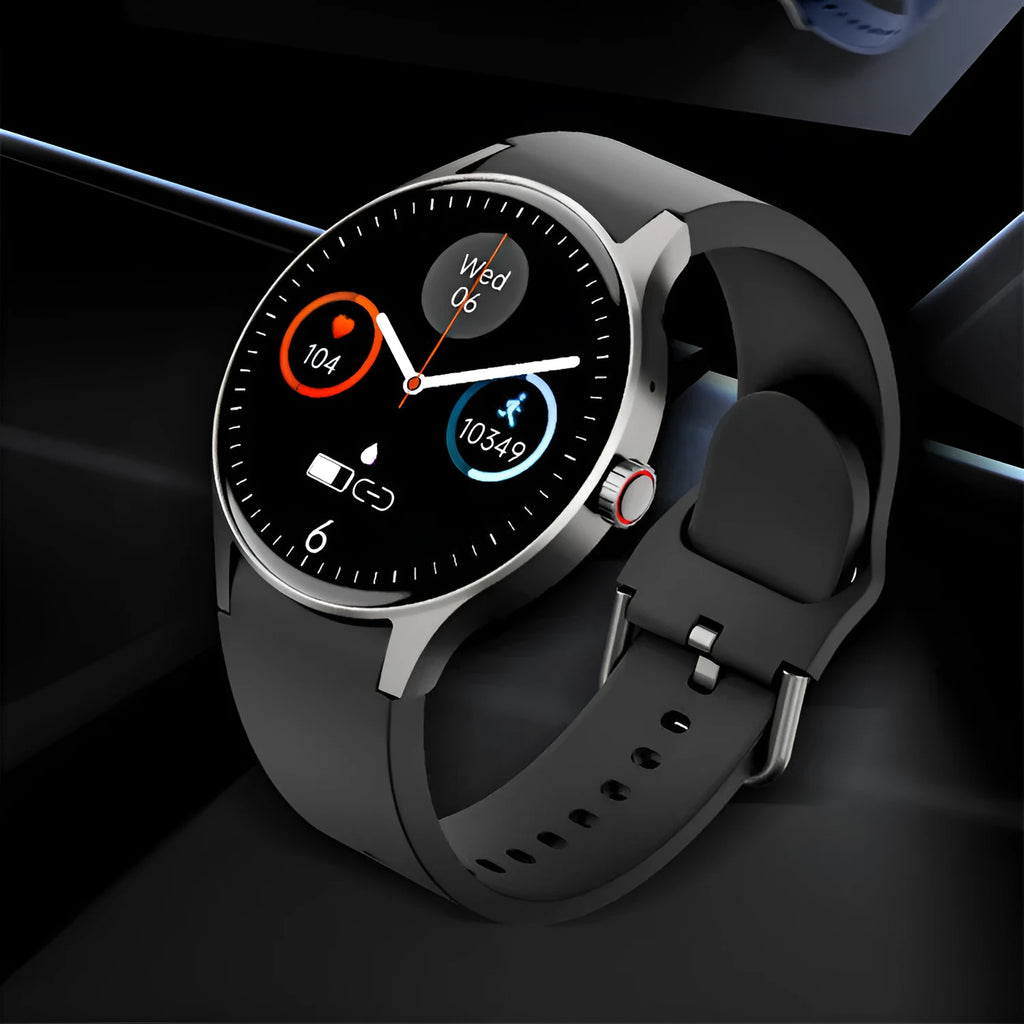 Men's and women's smart Bluetooth sport watch with round touch screen in black, blue, pink, or red colours
